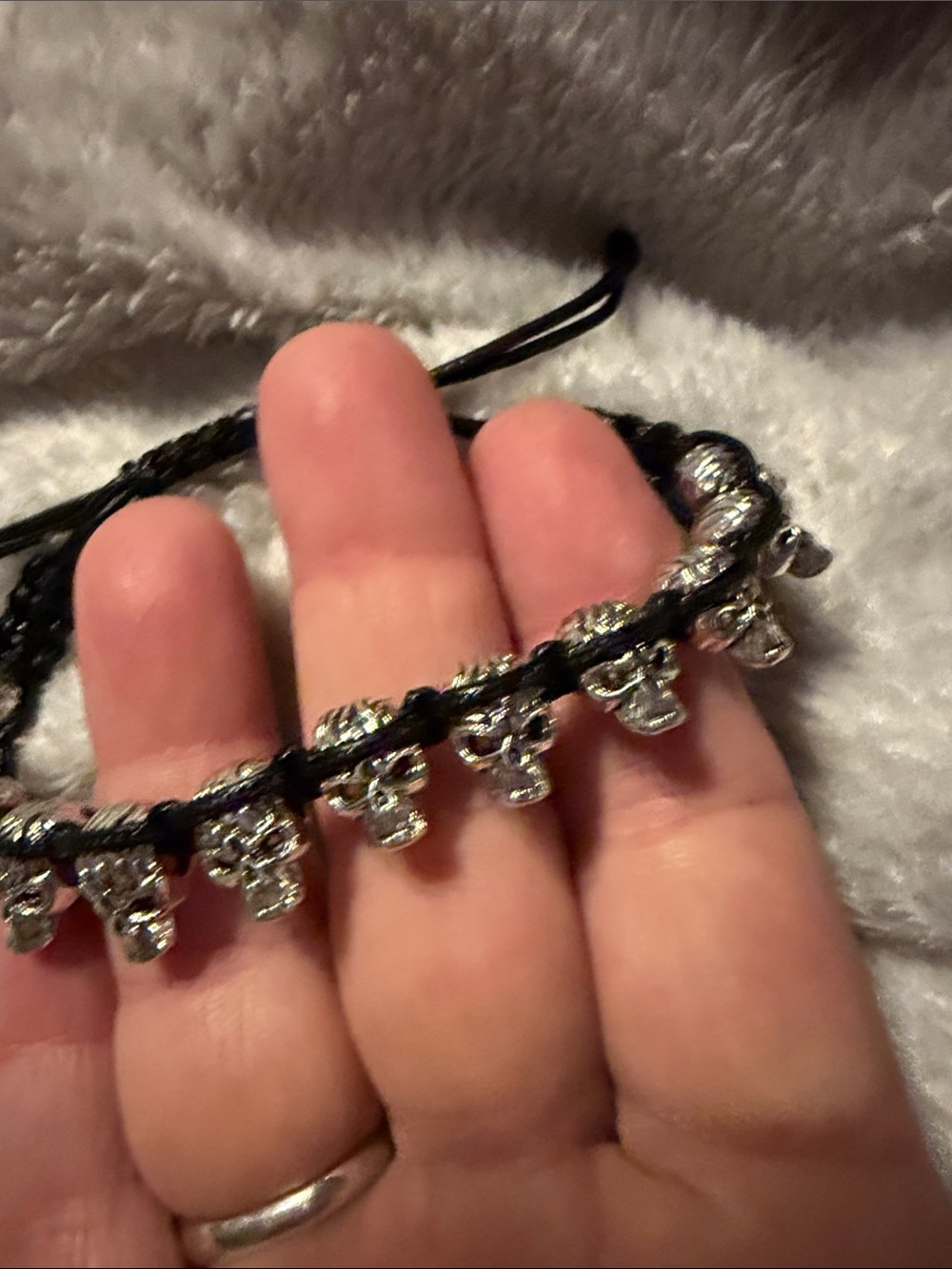 Adjustable Black Cord Bracelet with Silver Skull Charms
